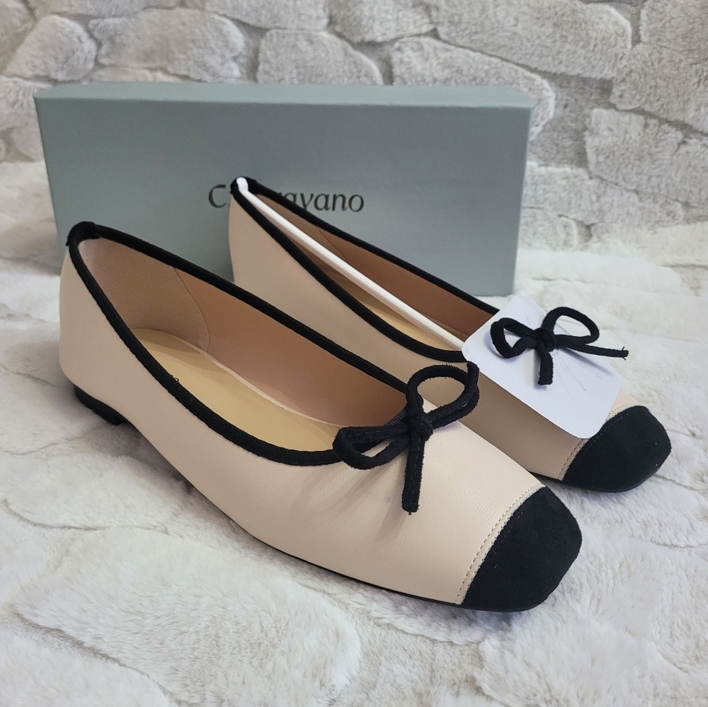 C. Paravano Women's Size 9.5 White and Black Elena Cap-Toe Ballet Flats